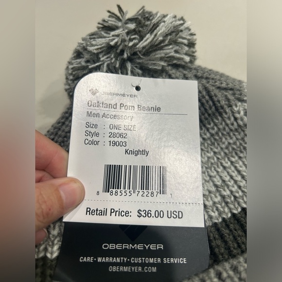 Obermeyer Men's Oakland Pom Beanie Grey Stripes Hat NWT Foldover Cuff Acrylic - Picture 3 of 8